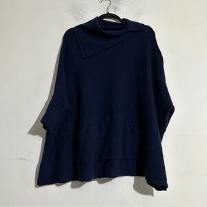 Aqua Cashmere Poncho Sweater Navy Medium Timeless Minimal Quiet Luxury Classic